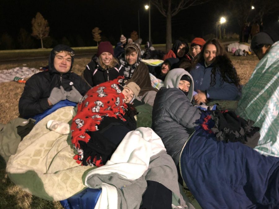 Students pose for a photo at Sleep Outside. Last year the temperature got below twenty degrees allowing students to go inside.